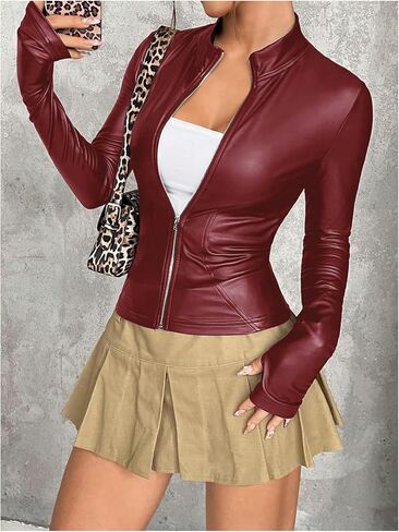 MakeMeChic Women's Y2K PU Leather Jacket Mock Neck Full Zip Long Sleeve Coat Outerwear in Saudi Arabia
