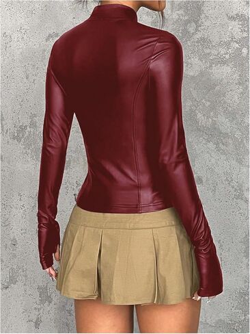 MakeMeChic Women's Y2K PU Leather Jacket Mock Neck Full Zip Long Sleeve Coat Outerwear in Saudi Arabia