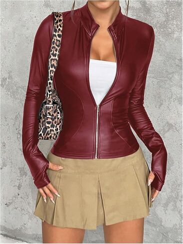 MakeMeChic Women's Y2K PU Leather Jacket Mock Neck Full Zip Long Sleeve Coat Outerwear in Saudi Arabia
