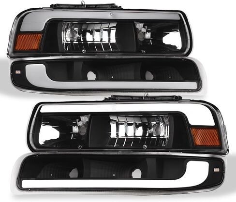 7422446760721 Compatible With 1999-2002 Chevy Silverado / 2000-2006 Suburban Tahoe Switchback Sequential LED Strip Bar Chrome Housing Headlights With Signal Bumper Lamps Amber Reflector 4-Pieces in Saudi Arabia