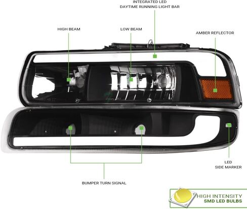 7422446760721 Compatible With 1999-2002 Chevy Silverado / 2000-2006 Suburban Tahoe Switchback Sequential LED Strip Bar Chrome Housing Headlights With Signal Bumper Lamps Amber Reflector 4-Pieces in Saudi Arabia