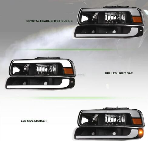 7422446760721 Compatible With 1999-2002 Chevy Silverado / 2000-2006 Suburban Tahoe Switchback Sequential LED Strip Bar Chrome Housing Headlights With Signal Bumper Lamps Amber Reflector 4-Pieces in Saudi Arabia