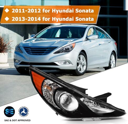 مجموعة المصابيح الأمامية مع جهاز العرض لـ Hyundai Sonata 2011-2014 Black Housing Amber Reflector Clear Lens Bread و Maptenger Side Bripamp (لا تناسب النماذج الهجينة) in Saudi Arabia