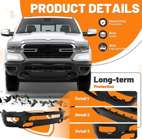 KUAFU Front Bumper Face Bar Compatible with 2019-2024 Dodge Ram 1500 W/Fog Lights & Sensor Holes, Hooks Replacement for CH1002406, 5ZB41TZZAD, 5ZB41TZZAC, 5ZB41TZZAB Steel Powder Coated Black 3PCS in Saudi Arabia