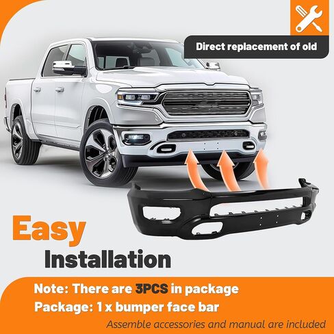 KUAFU Front Bumper Face Bar Compatible with 2019-2024 Dodge Ram 1500 W/Fog Lights & Sensor Holes, Hooks Replacement for CH1002406, 5ZB41TZZAD, 5ZB41TZZAC, 5ZB41TZZAB Steel Powder Coated Black 3PCS in Saudi Arabia