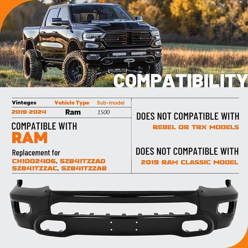 KUAFU Front Bumper Face Bar Compatible with 2019-2024 Dodge Ram 1500 W/Fog Lights & Sensor Holes, Hooks Replacement for CH1002406, 5ZB41TZZAD, 5ZB41TZZAC, 5ZB41TZZAB Steel Powder Coated Black 3PCS in Saudi Arabia