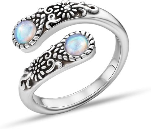 Eleductmon Sterling Silver Round Round Moonstone Rings للنساء رجال قابلة للتعديل عباد الشمس المفتوح حلقة عتيقة الحلق in Saudi Arabia