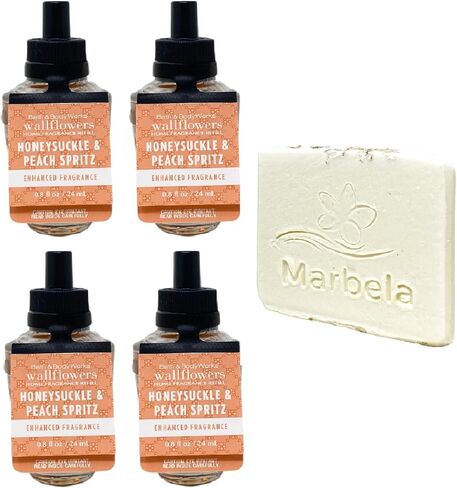 Bath & Body Works Honeysuckle & Peach Spritz 4 Pack Wallflowers Home Home Spragrance Bundle مع عينة من الشوفان الطبيعية صابون in Saudi Arabia