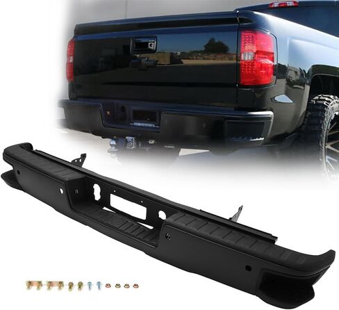 SCITOO Steel Texture Black Rear Step Bumper Replacement for 2014-2018 for Chevy Silverado 1500 for GMC Sierra 1500 w/Park Rear Bumper Comes with Parking Sensor Holes without Dual Exhaust in Saudi Arabia