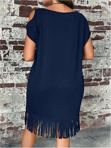 WDIRARA Women's Plus Size Round Neck Short Sleeve Fringe Hem Dress Casual Dresses in Saudi Arabia