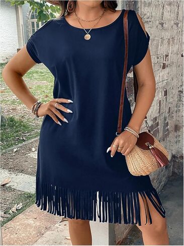 WDIRARA Women's Plus Size Round Neck Short Sleeve Fringe Hem Dress Casual Dresses in Saudi Arabia