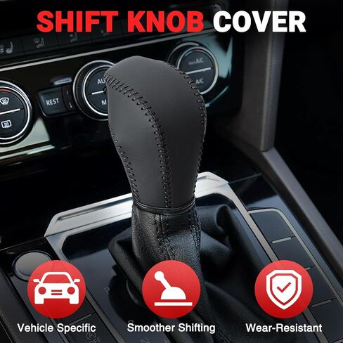 غطاء مقبض الترس الجلدي المتوافق مع Volkswagen Atlas 丨 Beetle 丨 Golf 丨 Passat 丨 Jetta 丨 Tiguan 2011-2021 من الجلد الأسود مع غطاء مقبض سوداء سوداء - أسود - أسود in Saudi Arabia