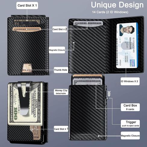 Minimalist Wallet for Men, 2 ID Windows Mens Trifold Wallet for RFID Blocking Leather Wallets 9-13 Cards, Magnetic Pop Up Credit Card Holder with Money Clip - Gifts for Dad Husband Boyfriend in Saudi Arabia