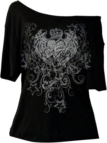 Women's Off The Shoulder Goth Graphic Tees Short Sleeve Asymmetrical Slim Fit Y2K T Shirts in Kuwait