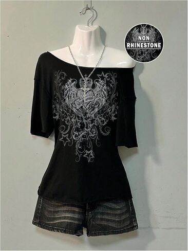 Women's Off The Shoulder Goth Graphic Tees Short Sleeve Asymmetrical Slim Fit Y2K T Shirts in Kuwait