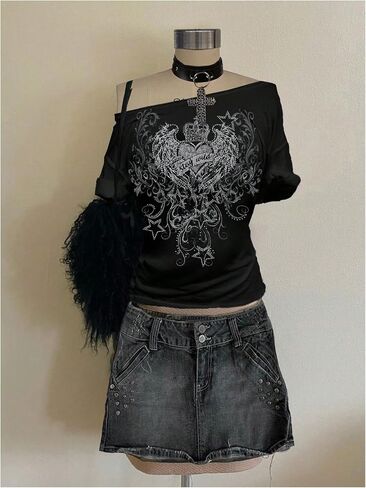 Women's Off The Shoulder Goth Graphic Tees Short Sleeve Asymmetrical Slim Fit Y2K T Shirts in Kuwait