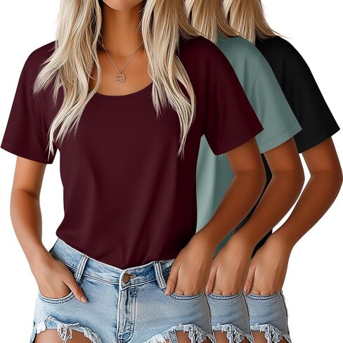 Neer 3 Pack Women's Scoop Neck Sleeve Tops Lourd Lourd Fit Basic Thrats Tirts Lounge Lounge Tees Summer in Saudi Arabia
