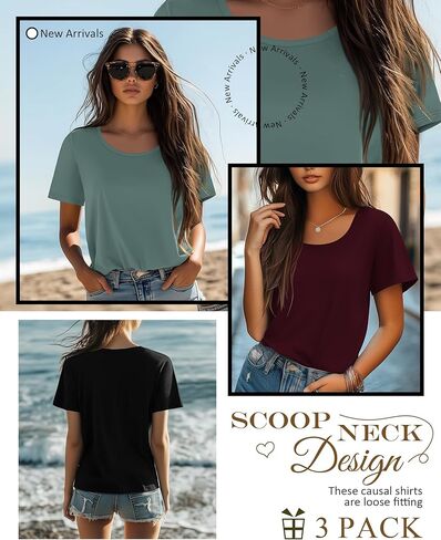Neer 3 Pack Women's Scoop Neck Sleeve Tops Lourd Lourd Fit Basic Thrats Tirts Lounge Lounge Tees Summer in Saudi Arabia