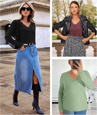 ATHMILE Long Sleeve T Shirts for Women Lace V Neck Casual Cute Tops Loose Fit Fall Winter Basic Clothing in Saudi Arabia