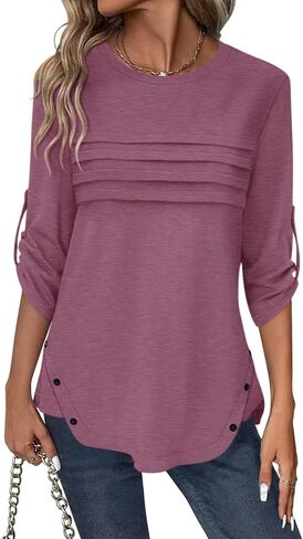 Women's 3/4 Length Rolled Sleeve Tunic Tops Pleated Crew Neck T Shirts Both Side Buttons Summer Blouses in Saudi Arabia