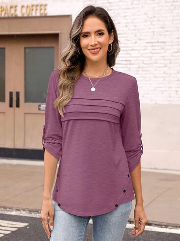 Women's 3/4 Length Rolled Sleeve Tunic Tops Pleated Crew Neck T Shirts Both Side Buttons Summer Blouses in Saudi Arabia