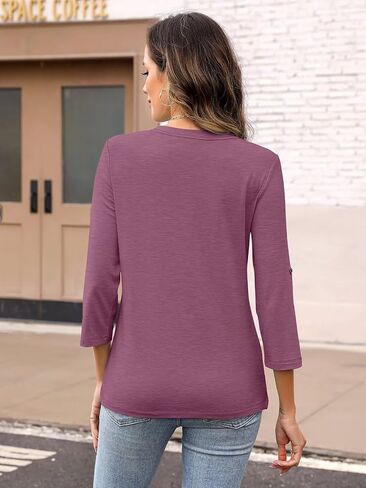 Women's 3/4 Length Rolled Sleeve Tunic Tops Pleated Crew Neck T Shirts Both Side Buttons Summer Blouses in Saudi Arabia