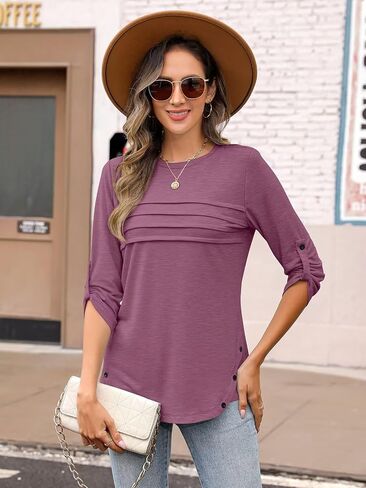 Women's 3/4 Length Rolled Sleeve Tunic Tops Pleated Crew Neck T Shirts Both Side Buttons Summer Blouses in Saudi Arabia