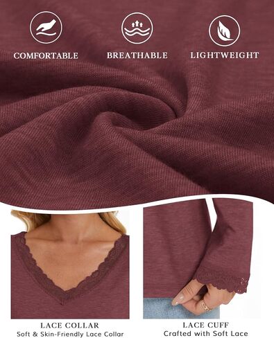 ATHMILE Long Sleeve T Shirts for Women Lace V Neck Casual Cute Tops Loose Fit Fall Winter Basic Clothing in Saudi Arabia