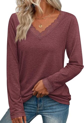 ATHMILE Long Sleeve T Shirts for Women Lace V Neck Casual Cute Tops Loose Fit Fall Winter Basic Clothing in Saudi Arabia