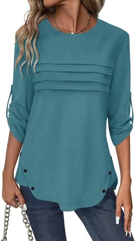 Women's 3/4 Length Rolled Sleeve Tunic Tops Pleated Crew Neck T Shirts Both Side Buttons Summer Blouses in Saudi Arabia