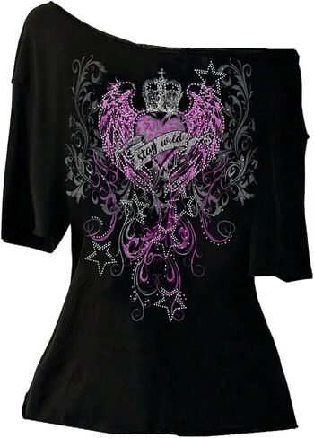 Women's Off The Shoulder Goth Graphic Tees Short Sleeve Asymmetrical Slim Fit Y2K T Shirts in Kuwait