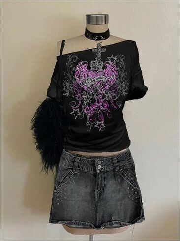 Women's Off The Shoulder Goth Graphic Tees Short Sleeve Asymmetrical Slim Fit Y2K T Shirts in Kuwait