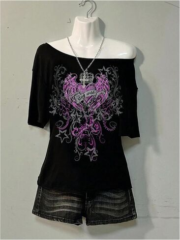 Women's Off The Shoulder Goth Graphic Tees Short Sleeve Asymmetrical Slim Fit Y2K T Shirts in Kuwait