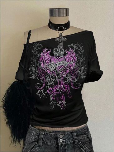 Women's Off The Shoulder Goth Graphic Tees Short Sleeve Asymmetrical Slim Fit Y2K T Shirts in Kuwait