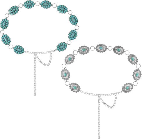 2 Pcs Turquoise Concho Chain Belt Adjustable Waist Belts for Women Western Metal Silver Belt for Dress Womens Turquoise Belt(Elegant Style) in Saudi Arabia
