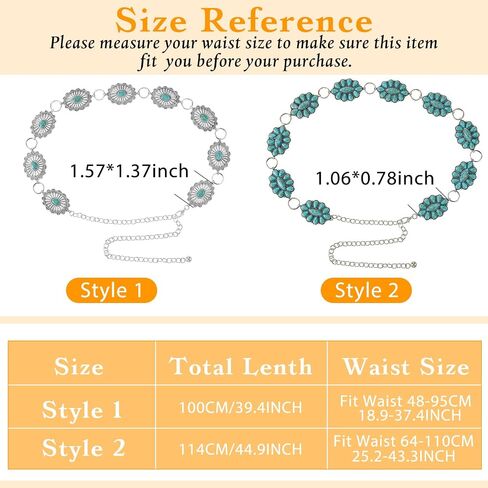 2 Pcs Turquoise Concho Chain Belt Adjustable Waist Belts for Women Western Metal Silver Belt for Dress Womens Turquoise Belt(Elegant Style) in Saudi Arabia