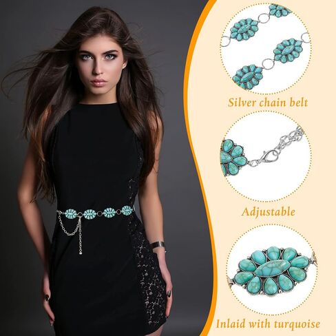2 Pcs Turquoise Concho Chain Belt Adjustable Waist Belts for Women Western Metal Silver Belt for Dress Womens Turquoise Belt(Elegant Style) in Saudi Arabia