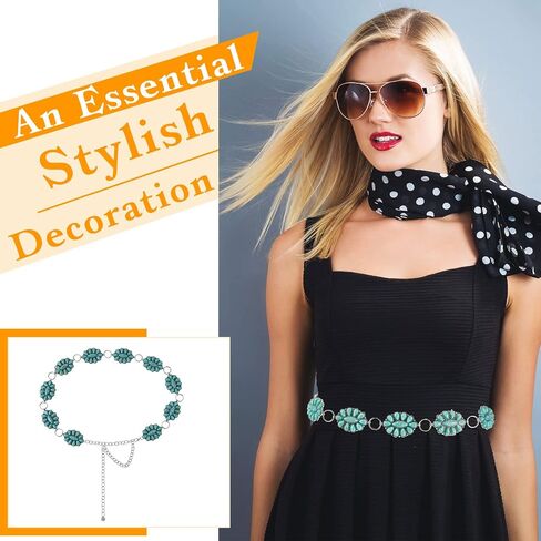 2 Pcs Turquoise Concho Chain Belt Adjustable Waist Belts for Women Western Metal Silver Belt for Dress Womens Turquoise Belt(Elegant Style) in Saudi Arabia