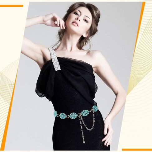 2 Pcs Turquoise Concho Chain Belt Adjustable Waist Belts for Women Western Metal Silver Belt for Dress Womens Turquoise Belt(Elegant Style) in Saudi Arabia