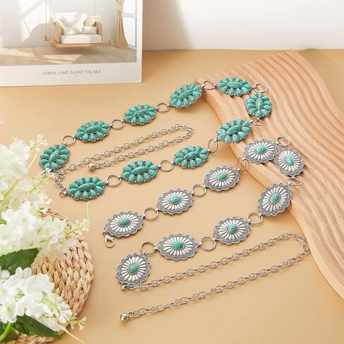 2 Pcs Turquoise Concho Chain Belt Adjustable Waist Belts for Women Western Metal Silver Belt for Dress Womens Turquoise Belt(Elegant Style) in Saudi Arabia