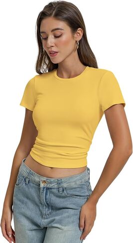 Women Casual Basic T Shirts Top Y2k Crop Tops Trendy Tight Tshirts Tee Slim Fit Clothes in Saudi Arabia
