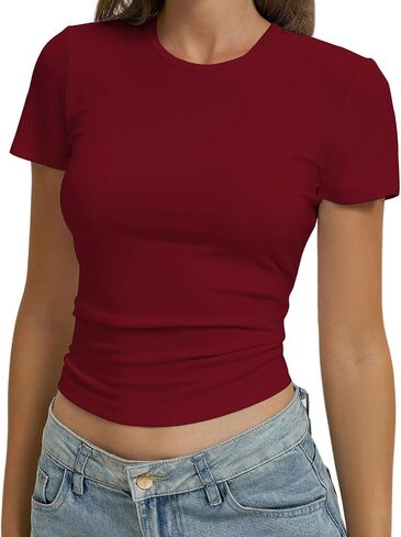 Women Casual Basic T Shirts Top Y2k Crop Tops Trendy Tight Tshirts Tee Slim Fit Clothes in Saudi Arabia