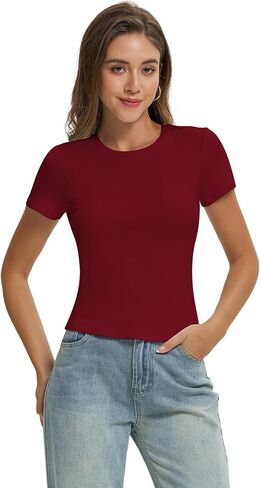 Women Casual Basic T Shirts Top Y2k Crop Tops Trendy Tight Tshirts Tee Slim Fit Clothes in Saudi Arabia