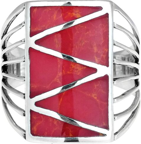 AeraVida Stripe Line Zig-Zag Reconstructed Red Coral .925 Sterling Silver Ring | Classic Wedding Rings For Women | Vintage Comfort Fit Silver Rings for Women | Gift for Women | Sterling Silver Rings Sizes (6-10) in Saudi Arabia