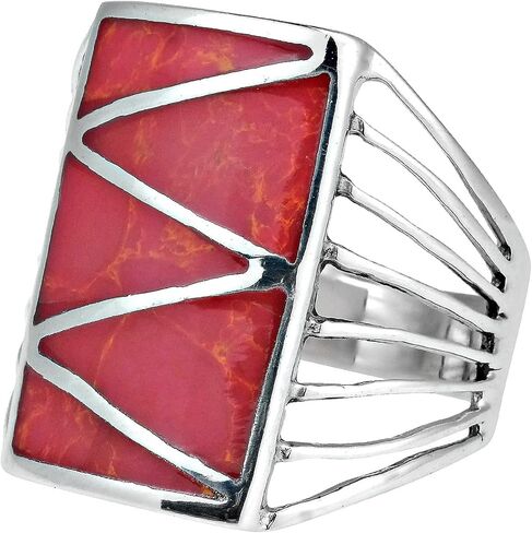 AeraVida Stripe Line Zig-Zag Reconstructed Red Coral .925 Sterling Silver Ring | Classic Wedding Rings For Women | Vintage Comfort Fit Silver Rings for Women | Gift for Women | Sterling Silver Rings Sizes (6-10) in Saudi Arabia