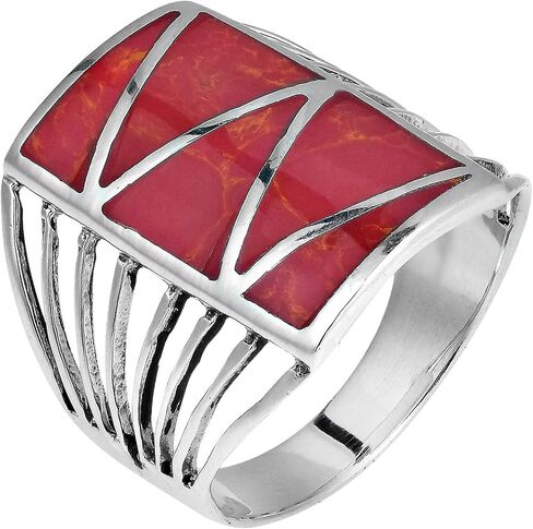 AeraVida Stripe Line Zig-Zag Reconstructed Red Coral .925 Sterling Silver Ring | Classic Wedding Rings For Women | Vintage Comfort Fit Silver Rings for Women | Gift for Women | Sterling Silver Rings Sizes (6-10) in Saudi Arabia