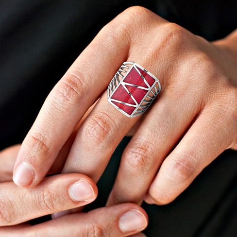 AeraVida Stripe Line Zig-Zag Reconstructed Red Coral .925 Sterling Silver Ring | Classic Wedding Rings For Women | Vintage Comfort Fit Silver Rings for Women | Gift for Women | Sterling Silver Rings Sizes (6-10) in Saudi Arabia