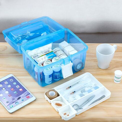 MyGift 10 Inch First Aid Clear & Pink Bin with Removable Tray, Quick Access Lid Flap and Top Carrying Handle, Portable Emergency Kit, Medical Supply Travel Tote, Medicine Storage Box Container in Saudi Arabia