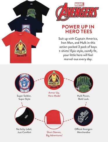 Marvel T-Shirt 3 Pack | Captain America, Hulk, Iron Man Avengers Shirt | Multipack Boys T Shirts for Summer in Saudi Arabia