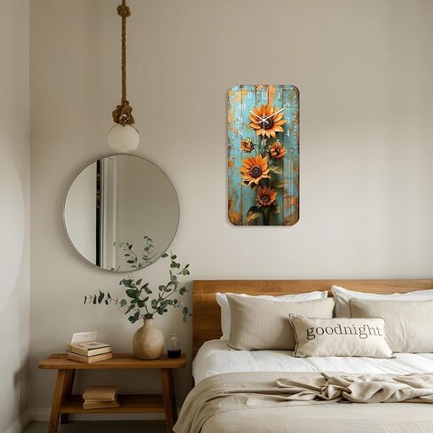 Rustic Clock for Bedroom 12 inch - Sunflower Wall Clock Battery Operated - Wooden Vintage Wall Clocks Silent Non Ticking for Office Kitchen Living Room Decor in Kuwait